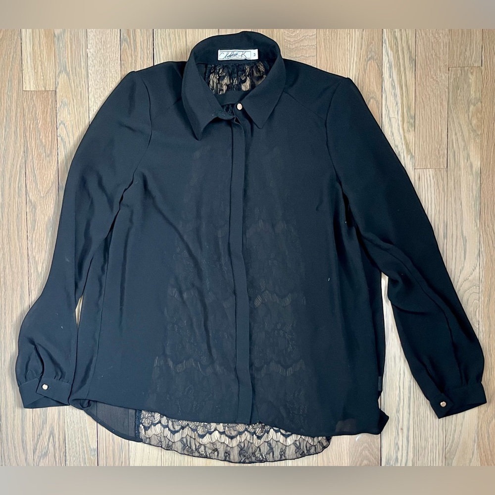 Chloe K Sheer Black Button Down Blouse with Lace Back. Size M.